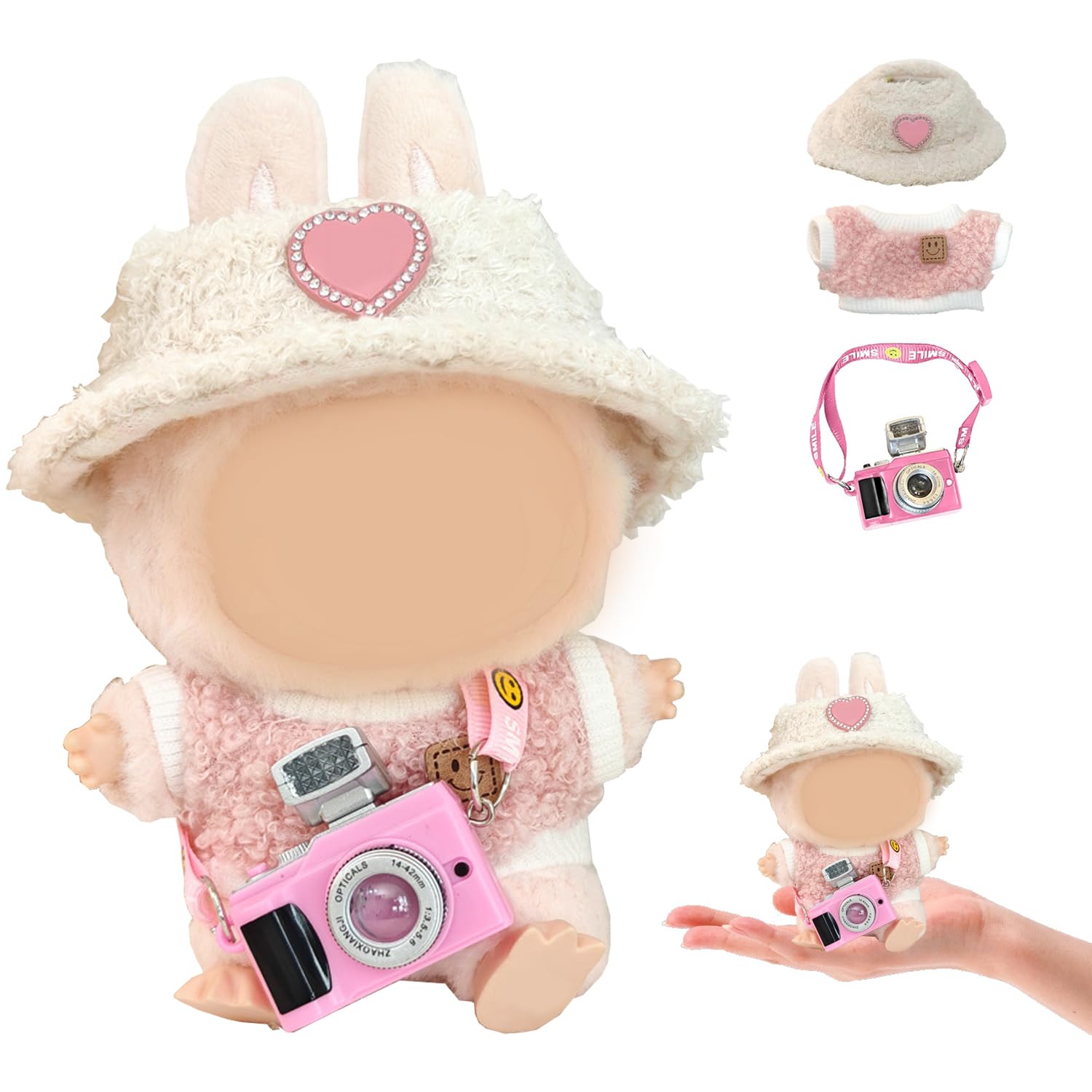 Plush Clothes, 3 Costumes, Delicate Accessories with Pink Heart Hat, Small Camera and Clothes