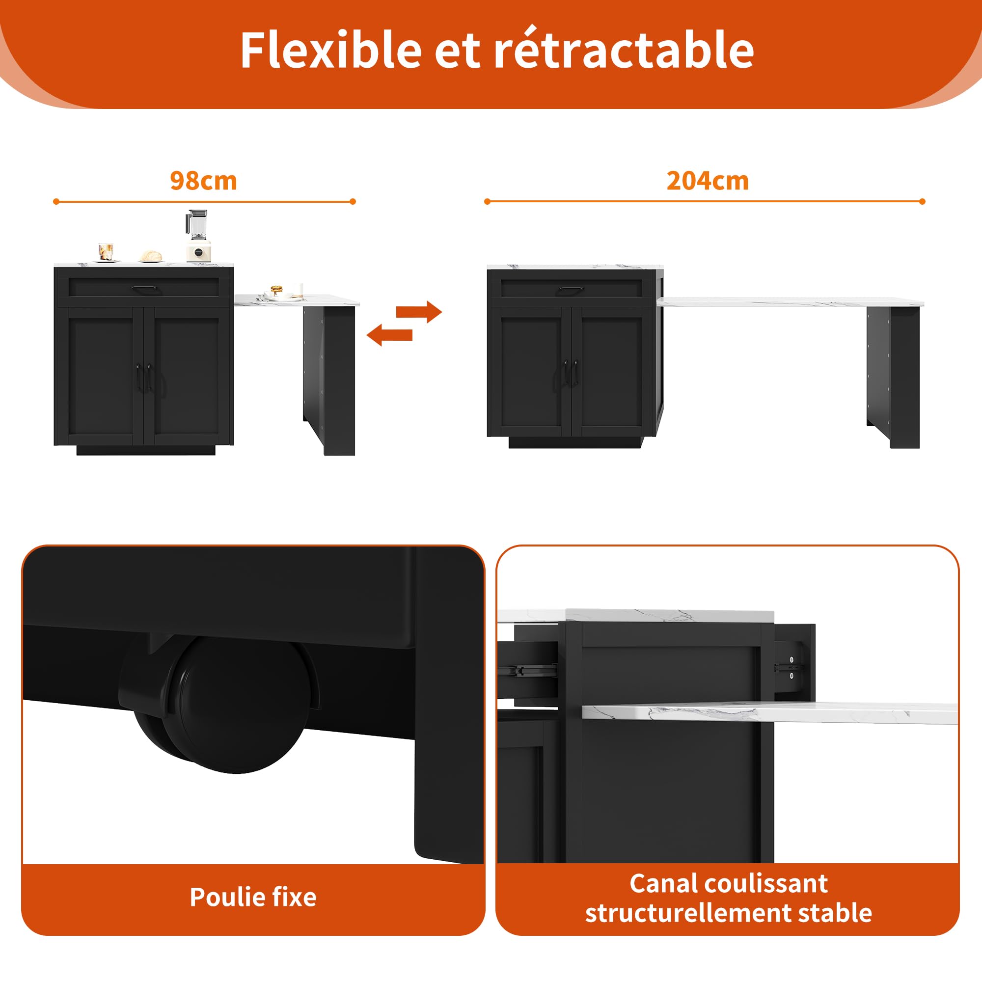 Îlot Central Cuisine sur roulettes avec Table Extensible 2-6 Personnes 133-202cm, Meuble Cuisine avec Plan de Travail, Desserte de Cuisine avec Plateau Effet Marbre Haut de Gamme