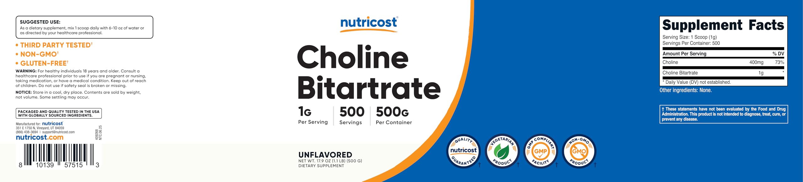 Nutricost Pure Choline Bitartrate Powder 500 Grams — Amazon image 6