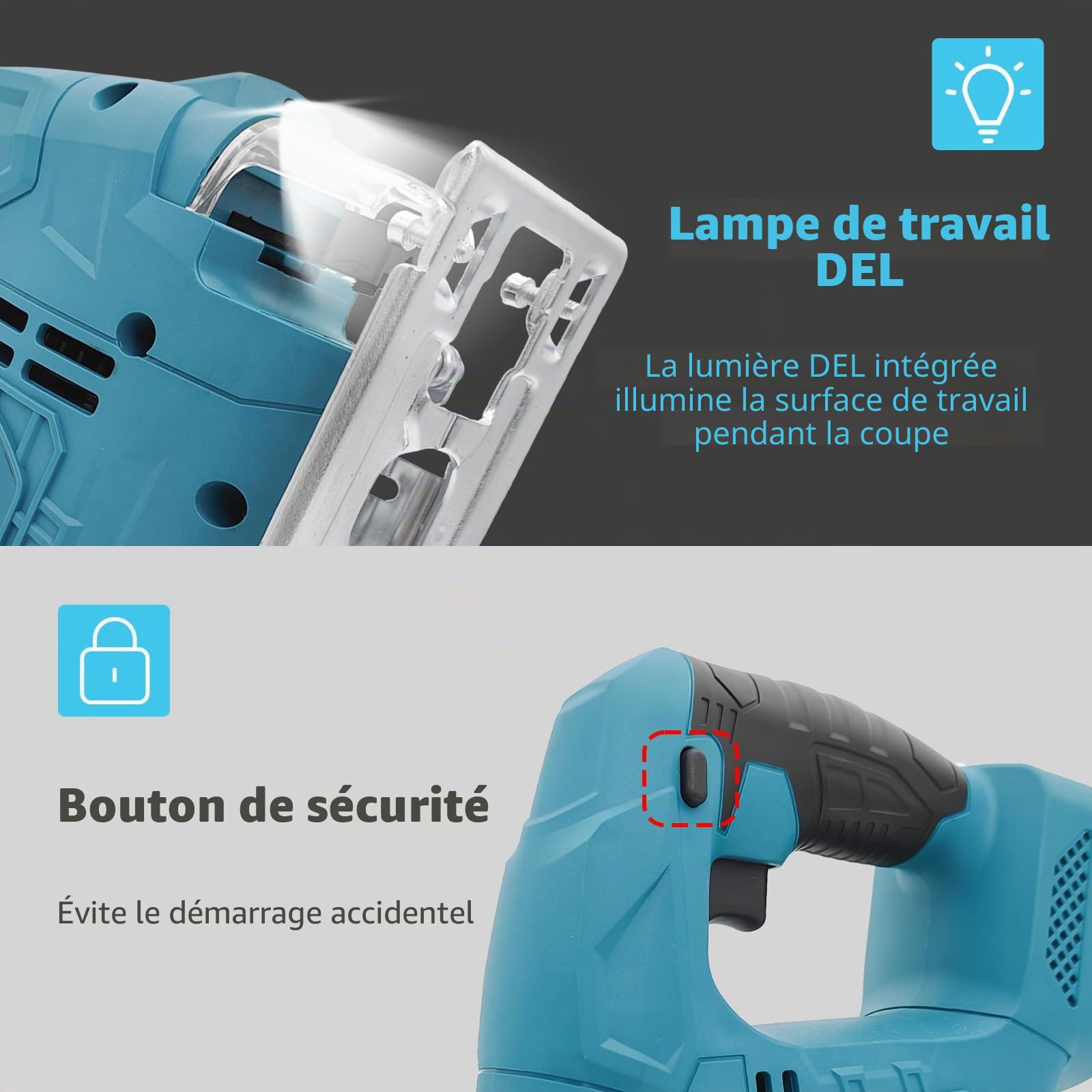 Scie sauteuse sans fil 18 V avec 2 batteries de 3000 mAh et chargeur – Moteur puissant, vitesse variable, lumière LED, fonction onglet (0-45°) et aspiration de la poussière