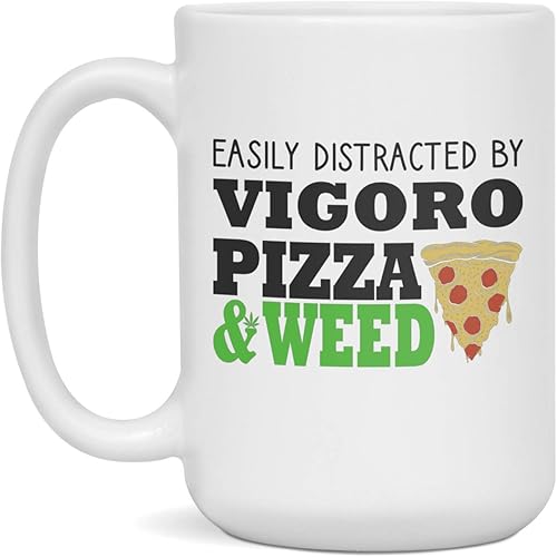 Fácilmente distraído con Vigoro, pizza y hierba, divertido regalo para fumetas, 15 onzas de color blanco