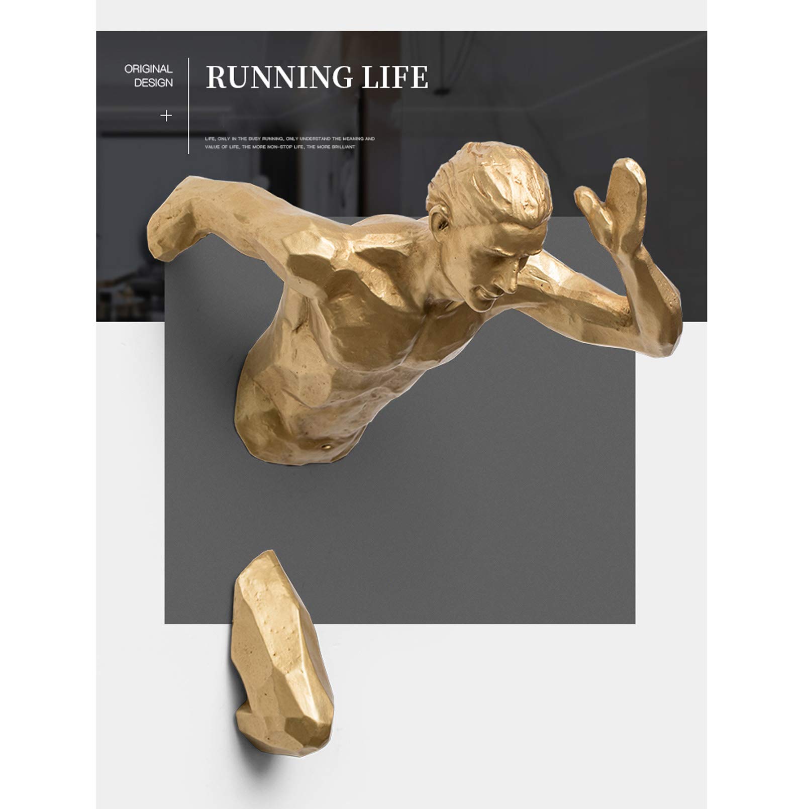 Sculpture Murale 3D Homme Escalade - Décoration Moderne Salon, Bureau - Résine Métallisée, Effet Vintage