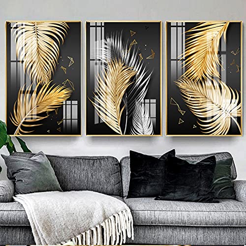Art mural pour décor de salon triptyque tropical feuilles d'or 30x45cm