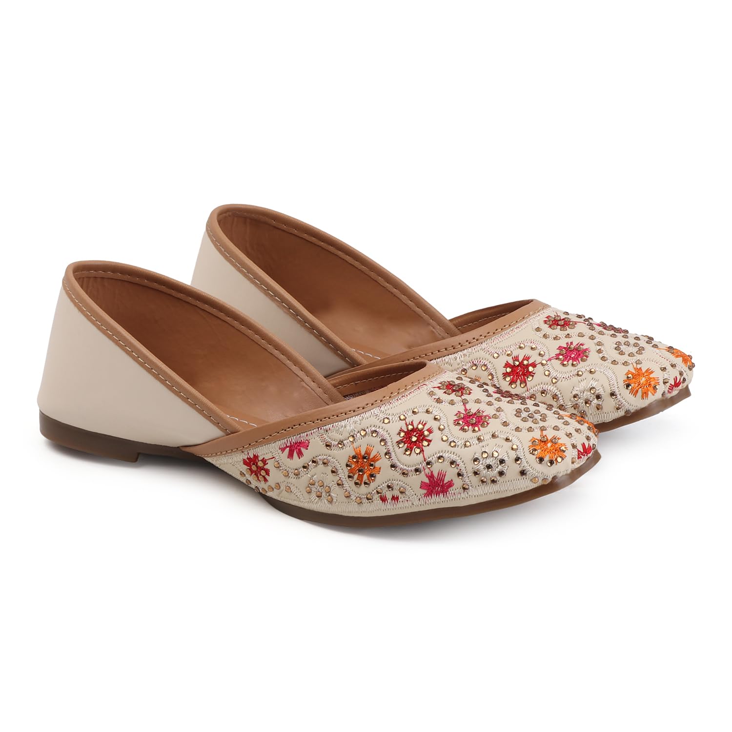 Women's Ethnic Mojari Ballet Flats, Embroidered Pink Mint Green Brown, Traditional Indian Jutti, Leather, Lightweight Breathable Slip-on for Casual Wear-image-5