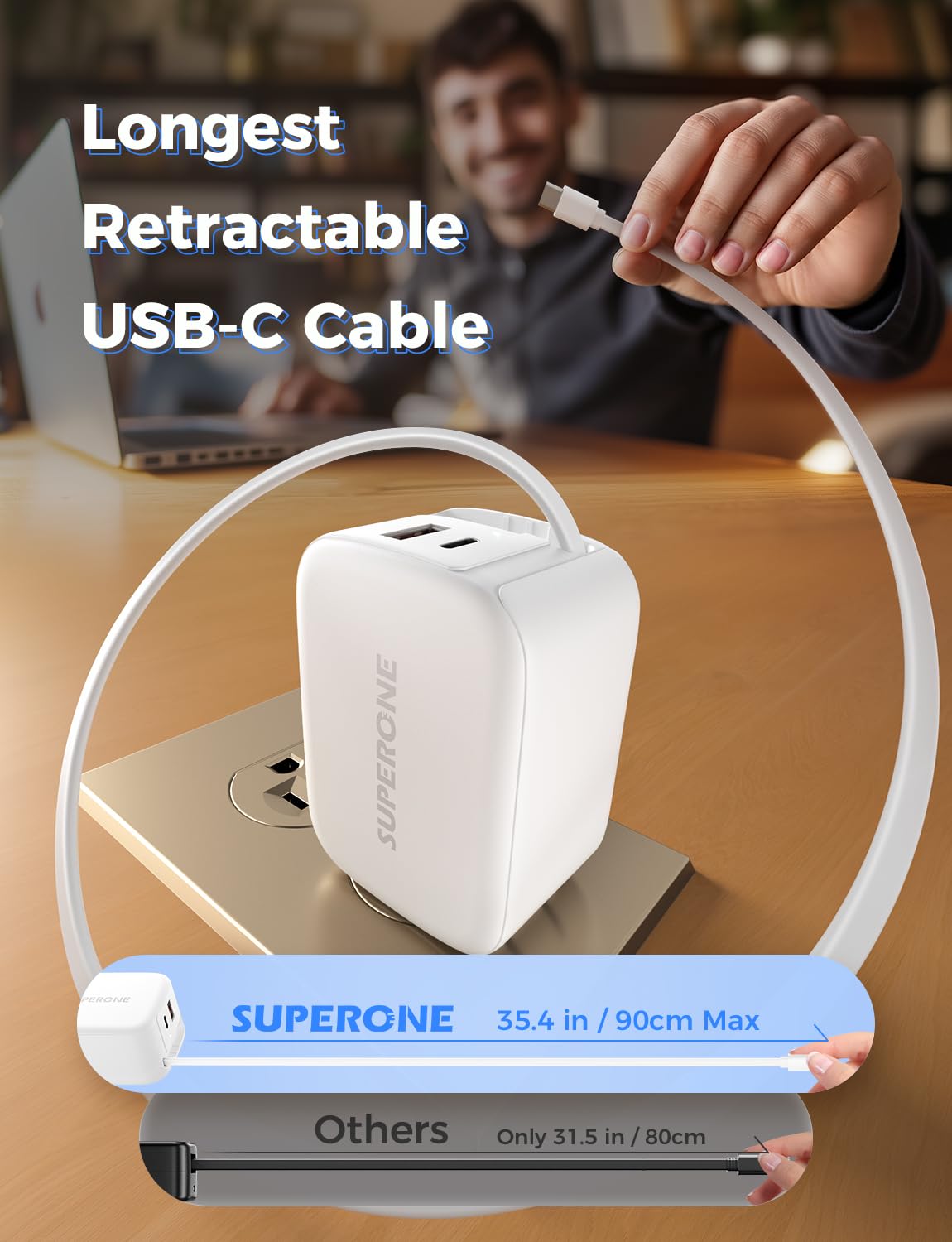 SUPERONE 3-in-1 Retractable USB C Charger Block for iPhone 16, 58W Fast Retractable Phone Charger Wall Plug, 35.4in Retractable Wall Chargers for iPhone 16/15/14/13/12/11, iPad (Type-C Cable)