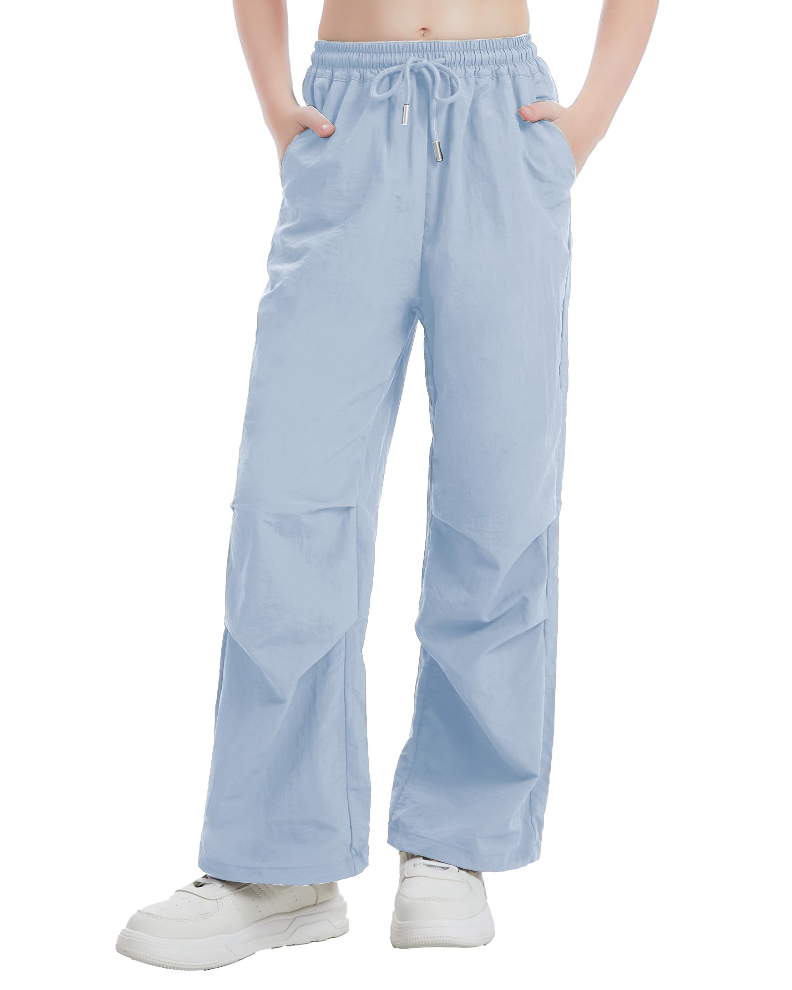 Girls Parachute Cargo Pants Drawstring Waterproof Causal Hiking Pants for Girls Pockets Lightweight Running Joggers