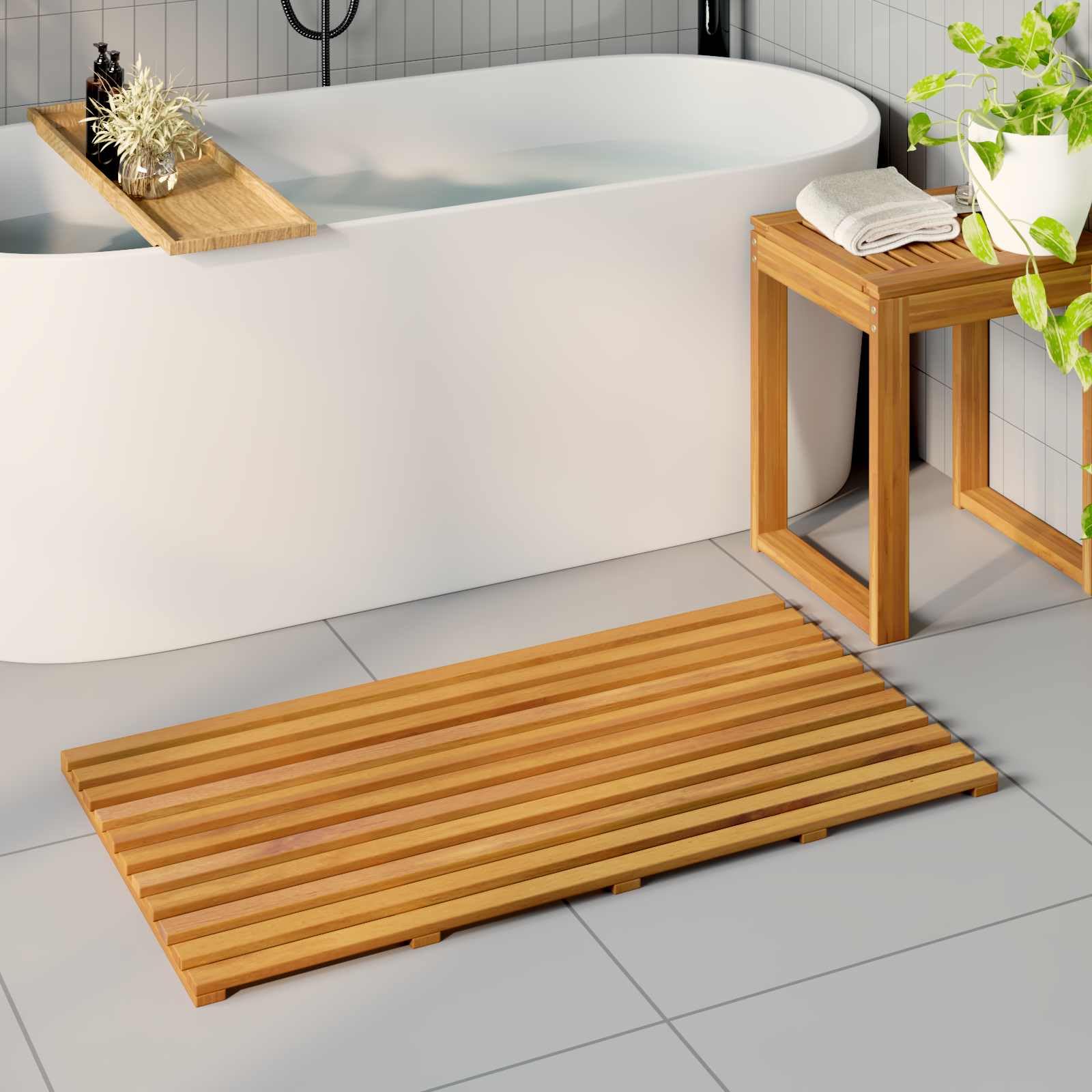 Badematte Holz 100 x 53 cm Duschvorleger rutschfest geölt braun für Badezimmer Sauna Wellnessbereich