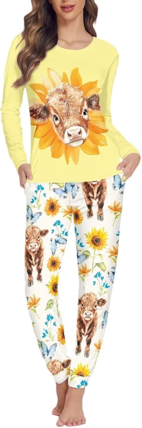 doginthehole 2 Piece Pajama Set for Women Cute Lounge Sets for Women Long Sleeve Sleepwear with Pockets Size XS-6XL