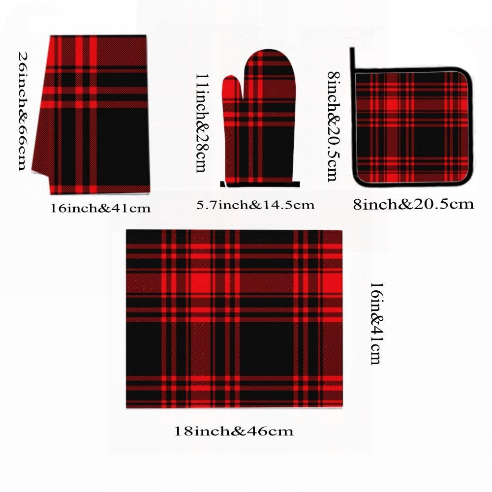 9PCS Red Plaid Fabric1 Cucina Decor e Accessori Set