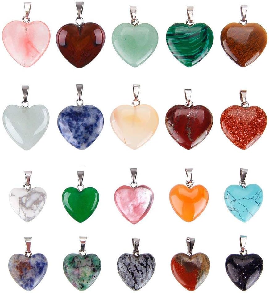 20Pcs Heart Shaped Stone Pendants Charms Crystal Chakra Beads for DIY Necklace Making, 2 Sizes, Assorted Color