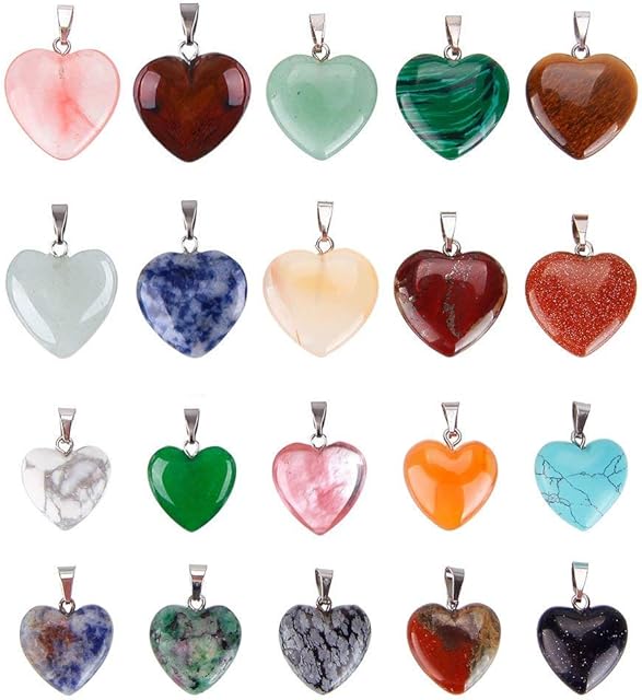 20Pcs Heart Shaped Stone Pendants Charms Crystal Chakra Beads for DIY Necklace Jewelry Making, 2 Sizes, Assorted Color