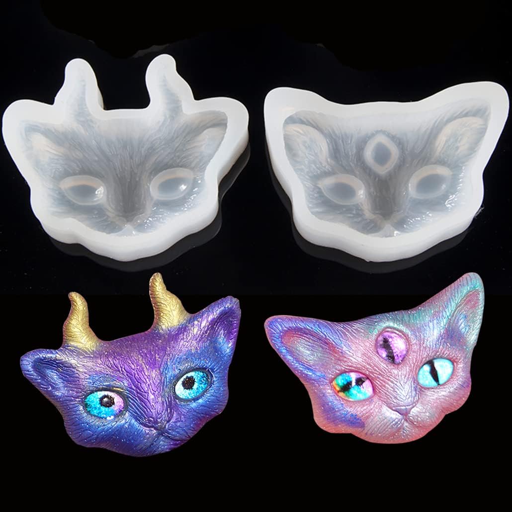 iSuperb 2Pcs Cat Resin Molds Devil Cat Head Molds for Resin Epoxy, Three Eyes Cat Silicone Mold Animal Keychain Crystal Mould Pendant Jewelry Casting Molds DIY Resin Crafts (2 Demon Cat Molds)