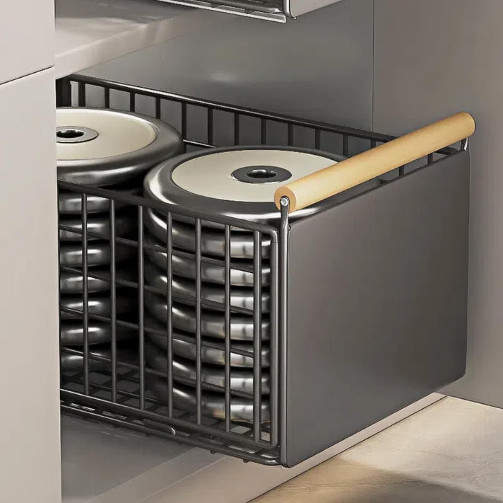 Uittrekbare telescopische lade voor keukenkasten, organizer zonder boren met houten handvat, glijrails en plakband, 39,5 x 23,5 x 19,5 cm, voor reinigingsmiddelen, pannen en specerijen