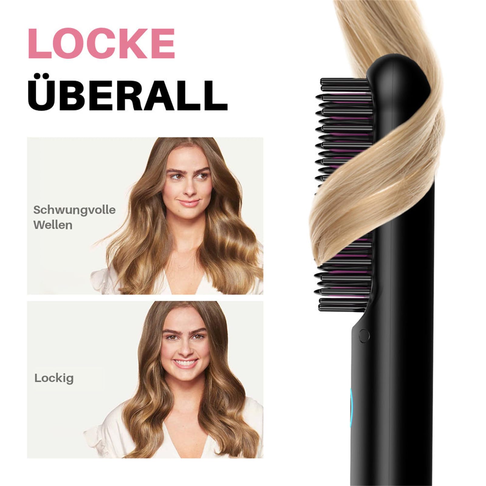 Eloura Berlin Eloura Tragbare Bürste – Glätten, Locken, Trocknen Kabellose Haarglättungsbürste mit Negativ Ionen Technologie für Frauen, ideal für unterwegs