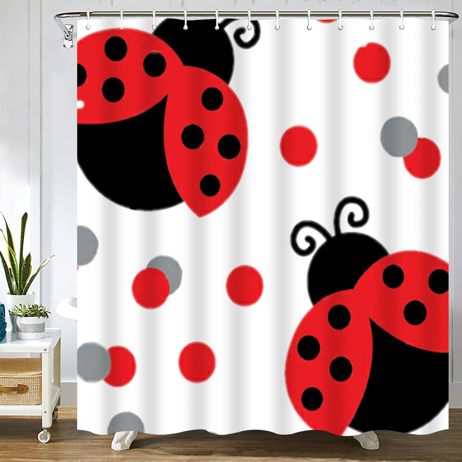 Cute Red Ladybug Shower Curtain,Bath Curtains Bathroom Decor Sets with Hooks Shower Bath Curtain for Bathroom,Polyester Fabric Bathroom Shower Curtain