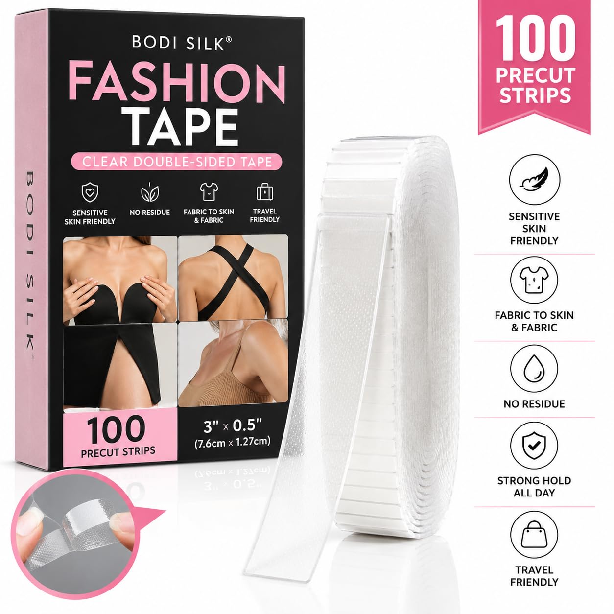 Fashion Tape for Women Double Sided | Clothing Tape, Dress Tape, Body Tape & Clear Fabric Tape for Clothes | Sensitive Skin, No Residue | 100 Precut Strips