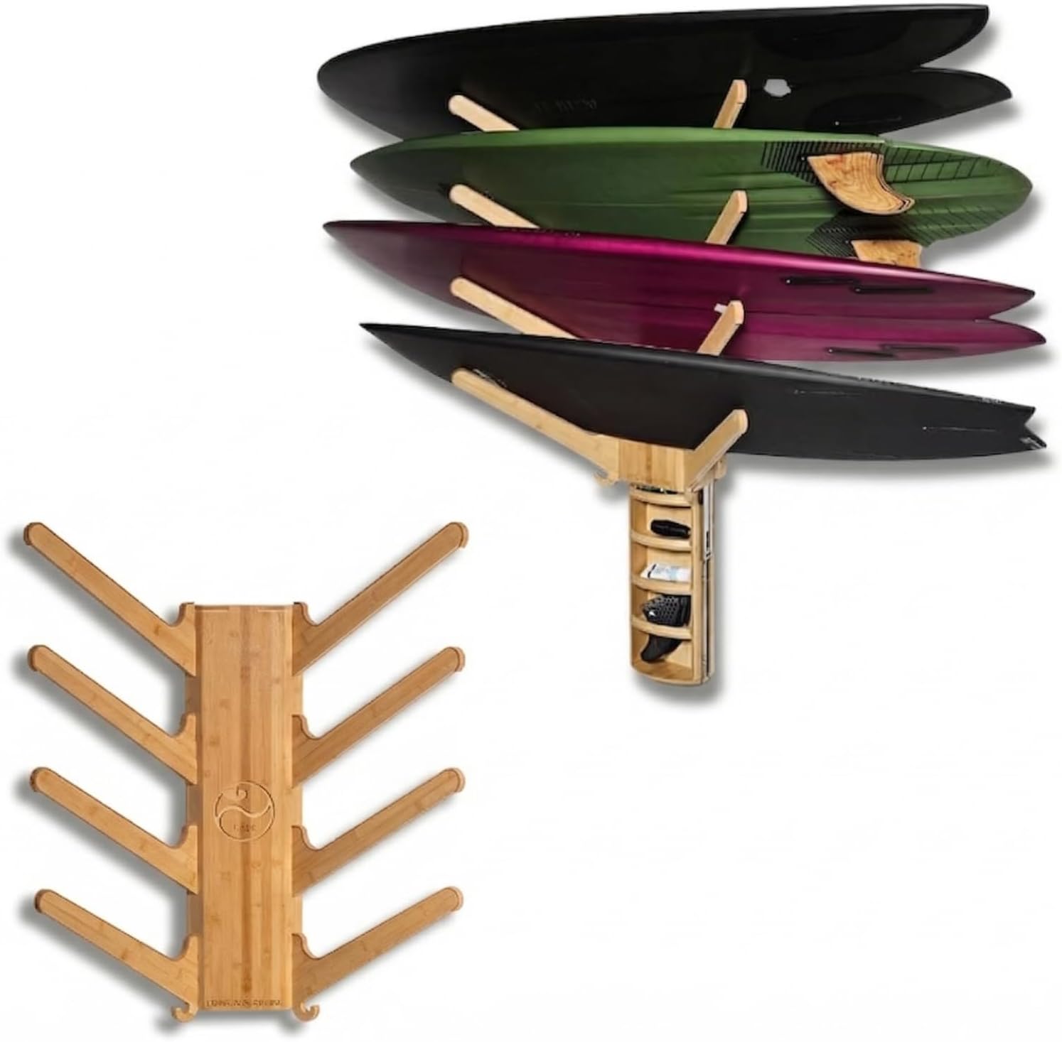 LISS The Sun Rack - Premium Wood Surfboard Wall Mount Rack Display, Ski, Snowboard Holder for 4 Boards for Garage & Home Storage with Built-In Drawer & Hooks for Longboards Shortboards, Wakeboards