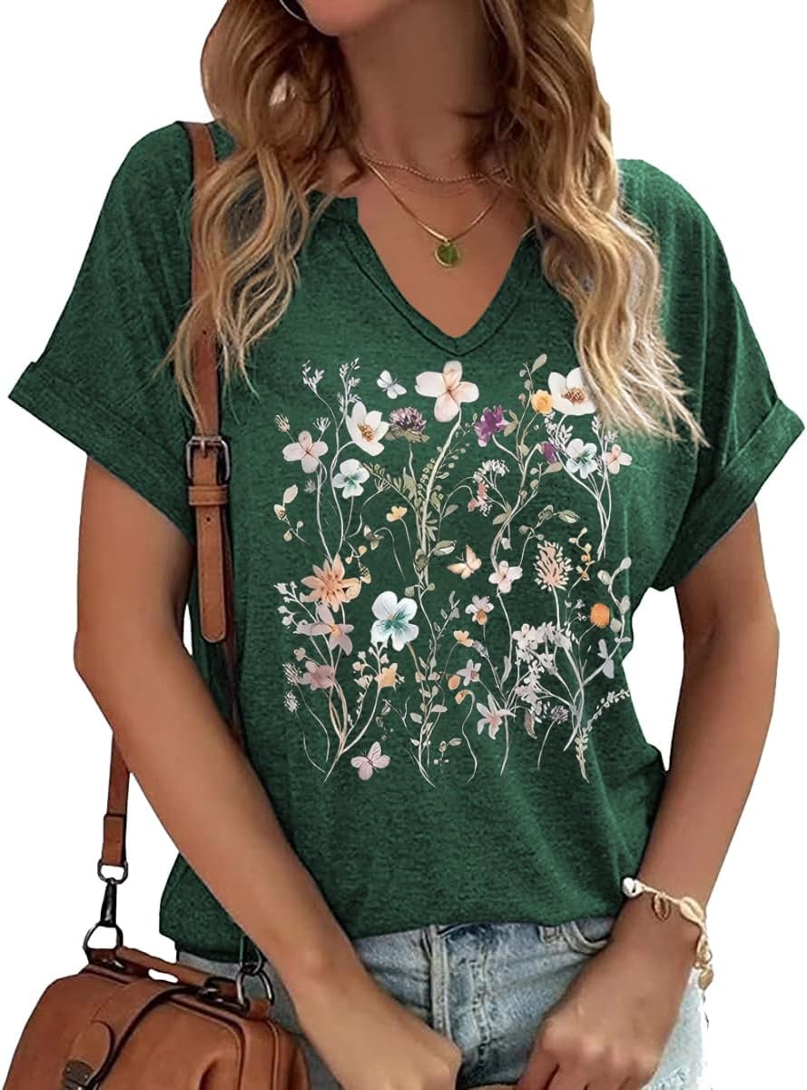 Earlymemb Womens Vintage Flowers V Neck Shirt Boho Floral Wildflowers
