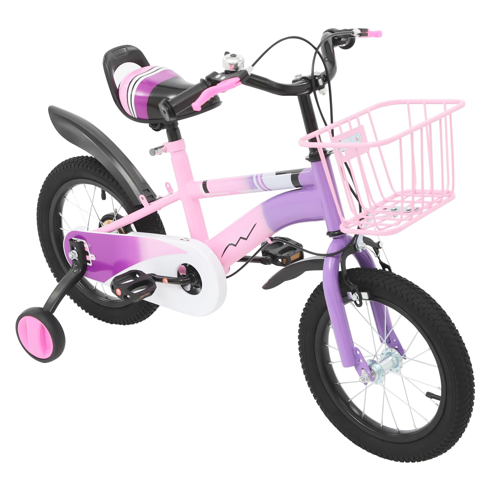 Fahrrad Für Kinder WOQLIBE Kinderfahrrad 14 Zoll – Mit Stützrädern, Korb & Rücksitz (Lila, Bis 50 Kg) Kinderfahrrad 14 Zoll Jungen
