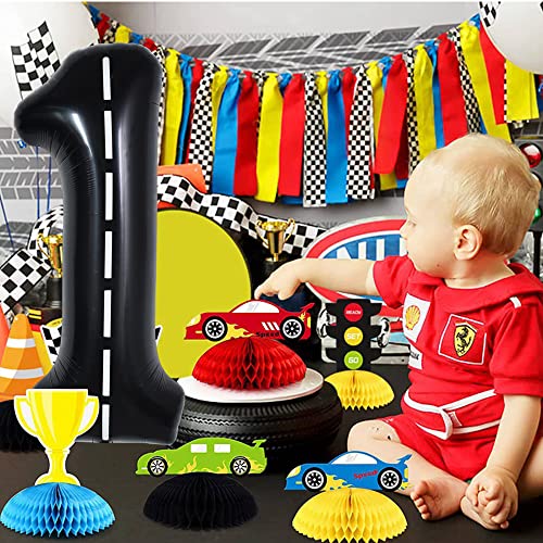 Image of TONIFUL 40 Inch Large Race Car Number 1 Balloon 1st Birthday Decorations | 1st 10th 18th Race Car Birthday Party Supplies Foil Black 1 Balloon for Boys Men Fast Checkered Flag Party Decor