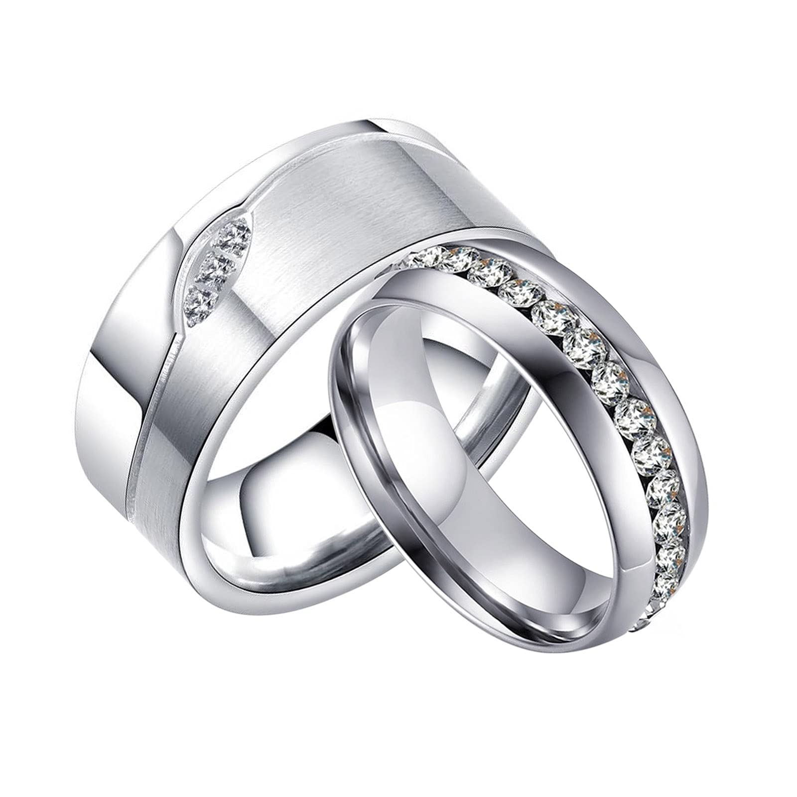 AmDxD Anillo de alianza, de acero inoxidable, para alianza, color blanco, circonio redondo, W69 & M56.5, Acero inoxidable, circonita cúbica,