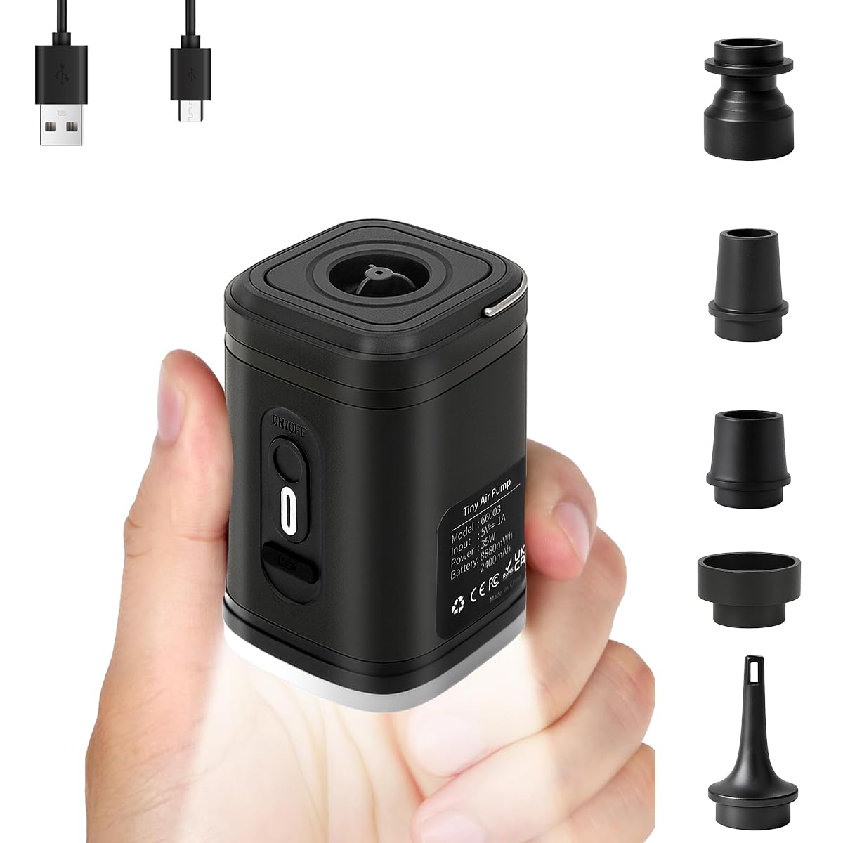 Portable Air Pump for Inflatables, Ultra-Mini Air Mattress Pump 4X with 2400mAh Battery & Camping Light,Wireless Air Pump for Outdoor Travel Swimming Rings, Pool Floats, Sleeping Pads,Vacuum Bags