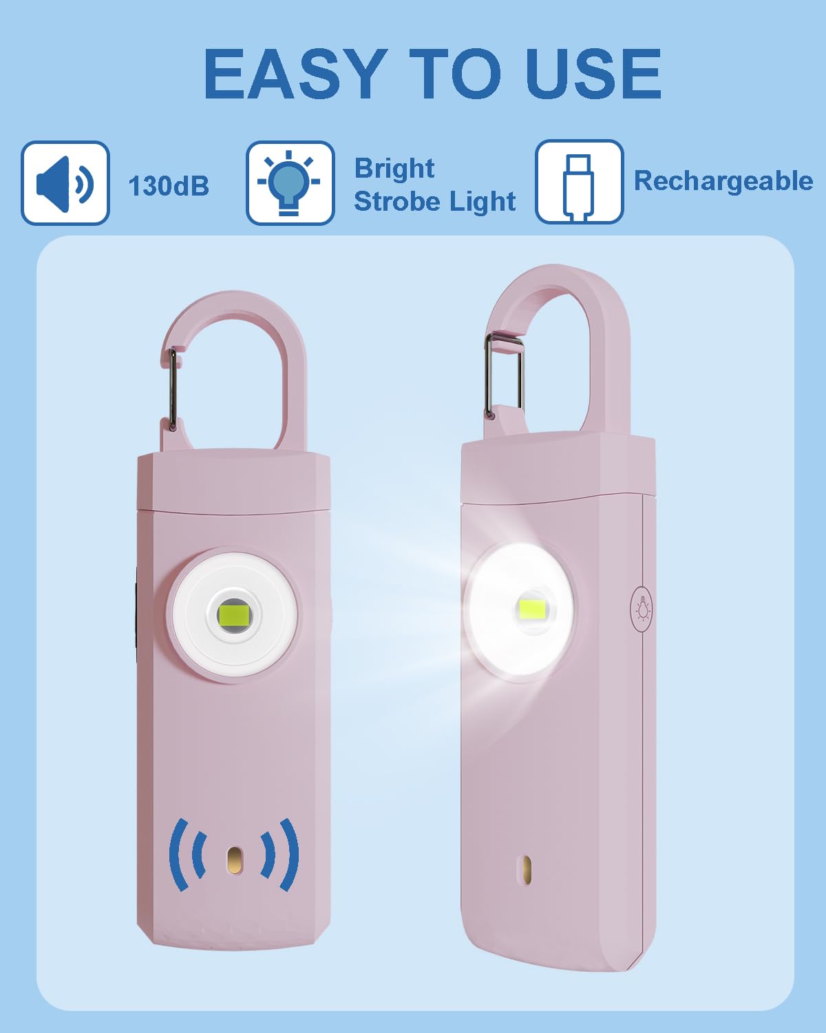 Alarma de seguridad personal recargable para mujeres, sonido de sirena fuerte, luz LED SOS estroboscópica, carga USB, alarma personal, llavero de autodefensa para esposa, hija, estudiante