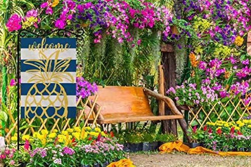 Aoyego Welcome Pineapple Garden Flag 12.5X18 Inch Vertical Double Sided Hand Drawn Pineapple On Blue And White Striped Background Yard Garden House Flag For Outdoor Indoor Decoration #TOP3