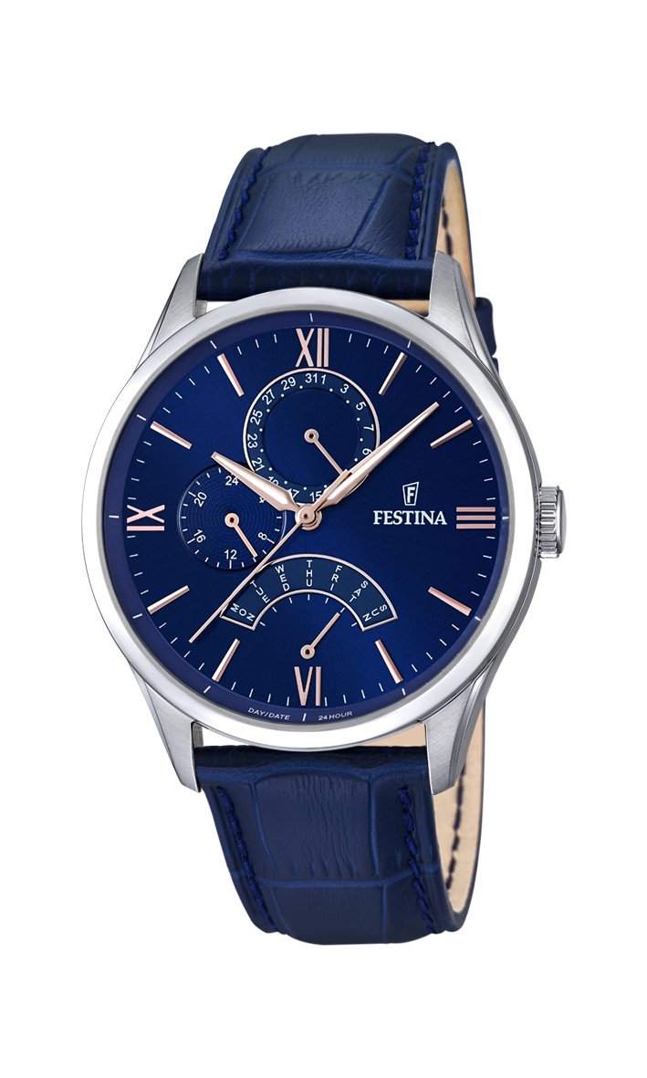 FestinaReloj Hombre F16823/3 Acero Clasico Caja de Acero Inoxidable 316l Plateado Correa de Cuero Azul