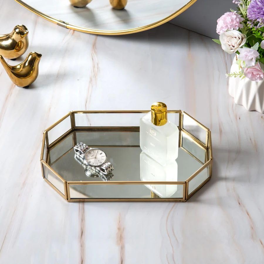 Image of Octagonal Glass Mirror Tray With Brass Rim, Makeup Tray For Decor Jewellery Organiser, Vanity Organiser For Accent Table (10x6x1.5 inches)