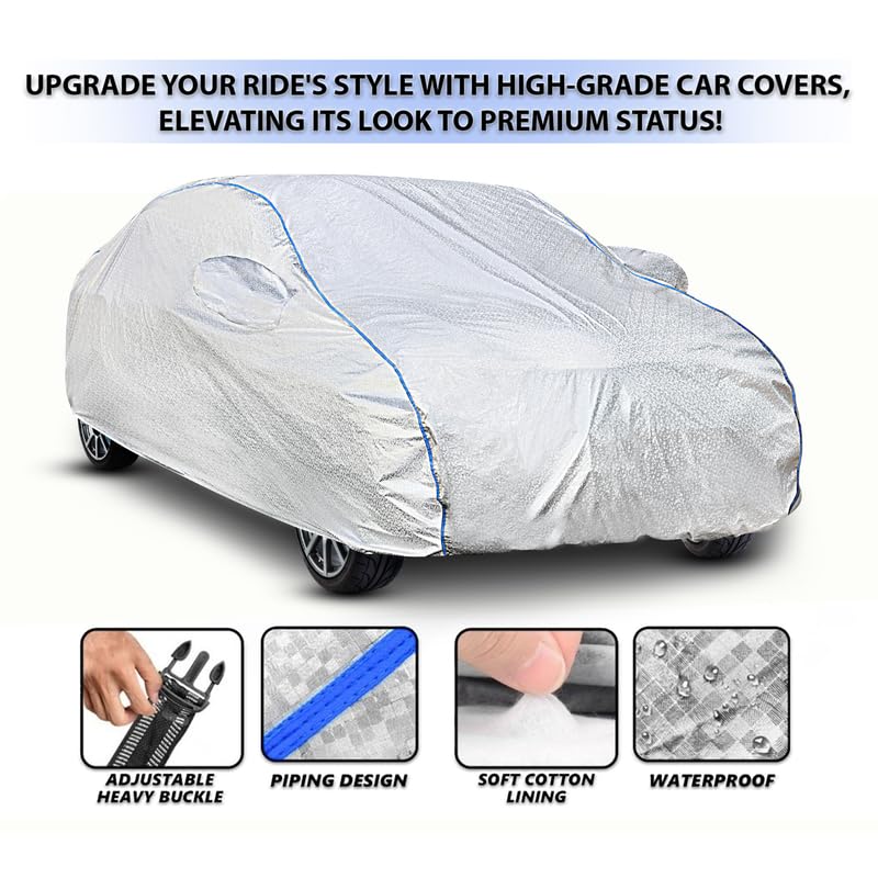 Image of Kerwa Car Cover Waterproof Compatible with Maruti Fronx, Dust, UV & Scratch, All-Weather Proof Full Body Cover, Metallic Silver with Blue Lining, Triple Stitched Elasticated Bottom with Mirror Pocket