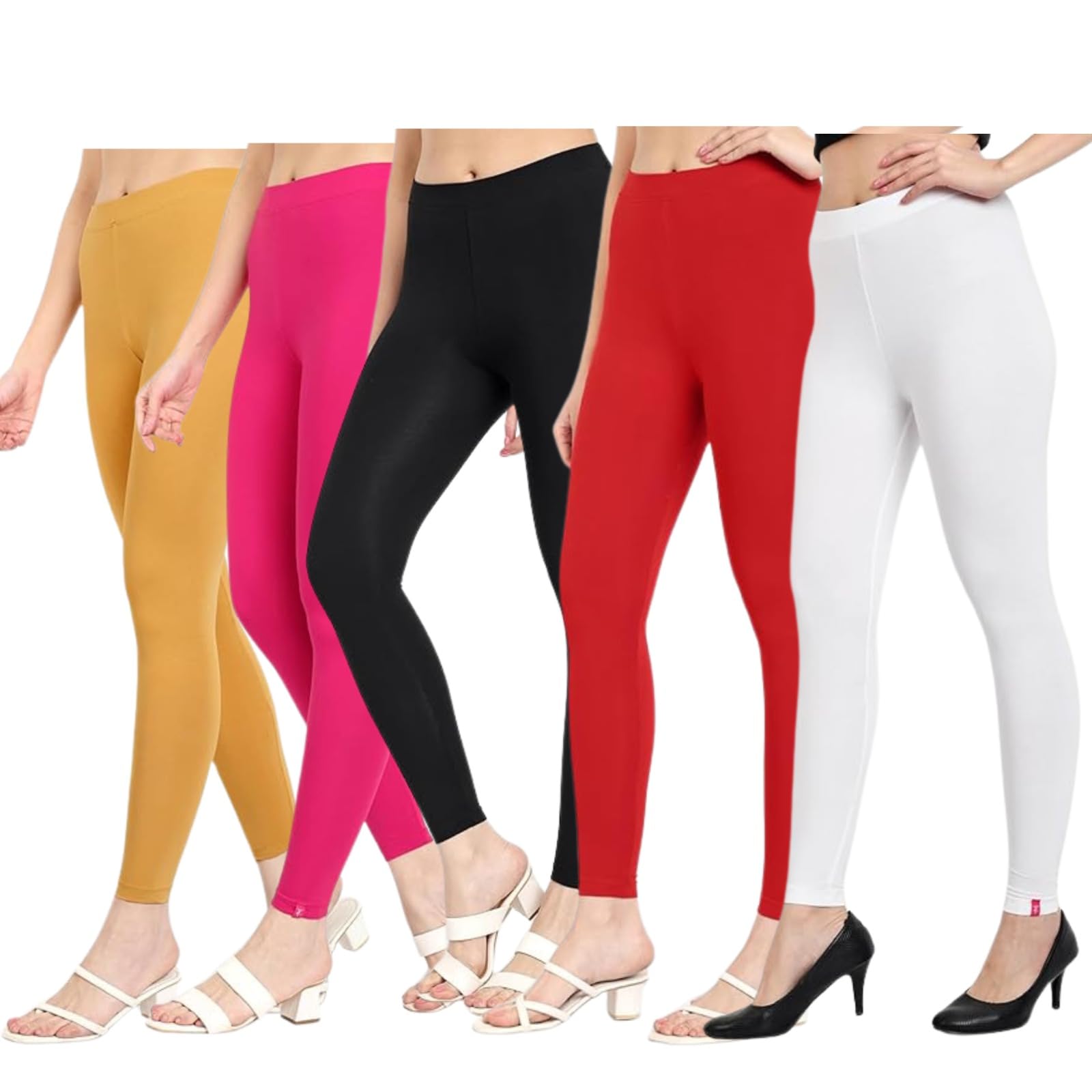 T2 Ankle Length Stretchable Cotton Blend Leggings for Women | 180 GSM | Mid-Waist Design | Pack of 5 | Colors - (Gold, Pink, Black, Red, White)