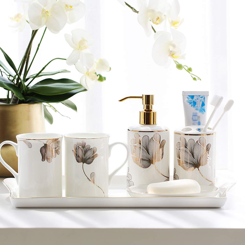 Set De Accesorios De Baño Dispensador De Jabón De Cerámica Moderno De 6 Piezas Vaso Soporte para Cepillo De Dientes Jabonera Y Bandeja,P