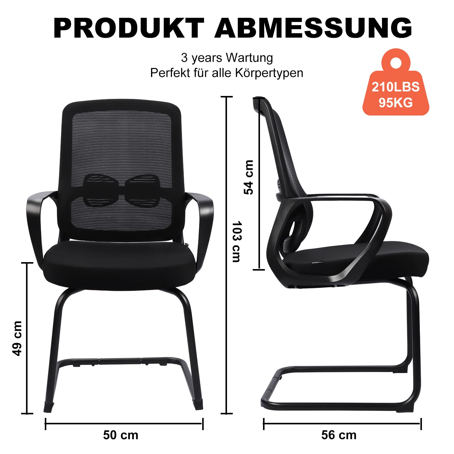 Freischwinger Stühle,Konferenzstuhl,Bürostühle mit Armlehne und Lendenwirbelstütze,Ergonomische Besucherstuhl für Home Konferenzraum Schlafzimmer(1, Schwarz, 62x50x103cm)