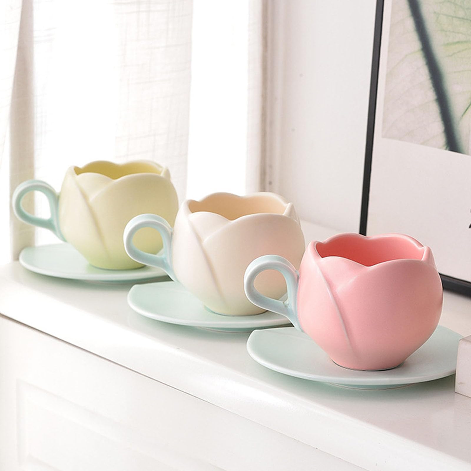 Generisch Colección de tazas y platillos de cerámica de estilo europeo, 300 ml de capacidad, materiales, ideal para fotografía, cafetería, tazas y platos de moda