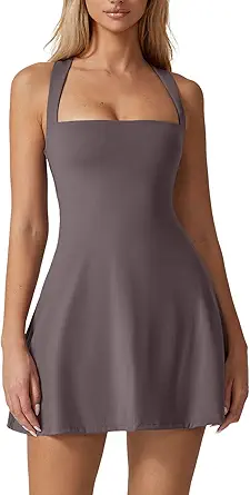 QINSEN Women's Square Neck Tennis Dress Sleeveless with Built-in Shorts and Pockets