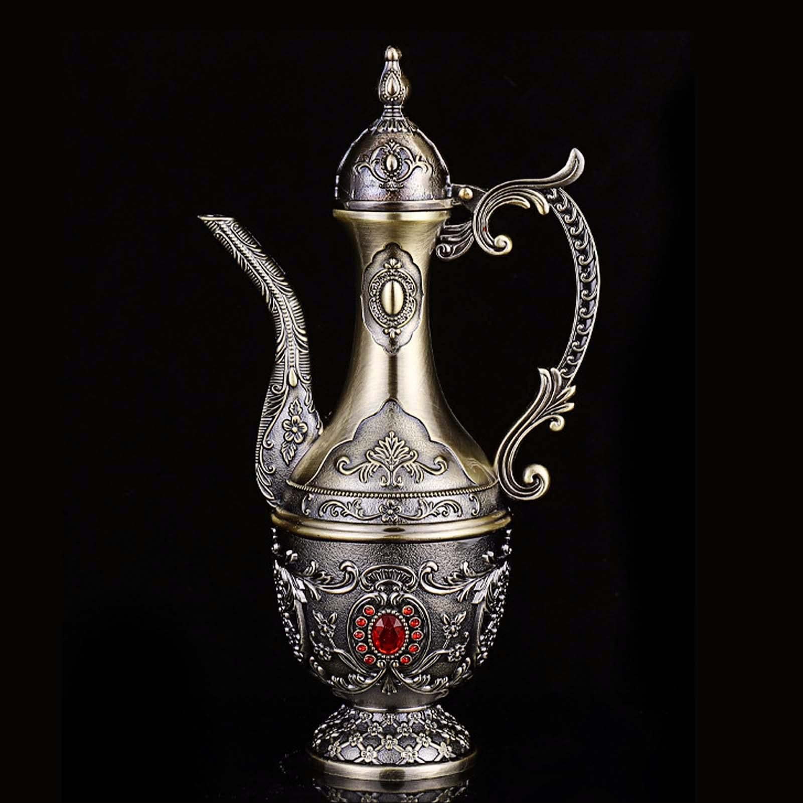 Zestaw tureckich filiżanek do kawy w stylu vintage, zestaw do herbaty zawierający czajniczek, tacę na herbatę i metalowe kubki do dekoracji szafki na wino, ozdoby ślubne (brąz z czerwonym kryształem)