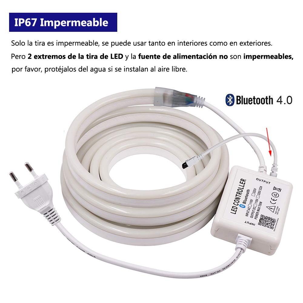 XUNATA Bluetooth luz Flexible LED Neon Musica, 220V 5050 60 LEDs/m RGB Tira LED + Control Remoto, IP67 Impermeable Interior Intemperie Escalera de Techo Luces Decoración - 12m