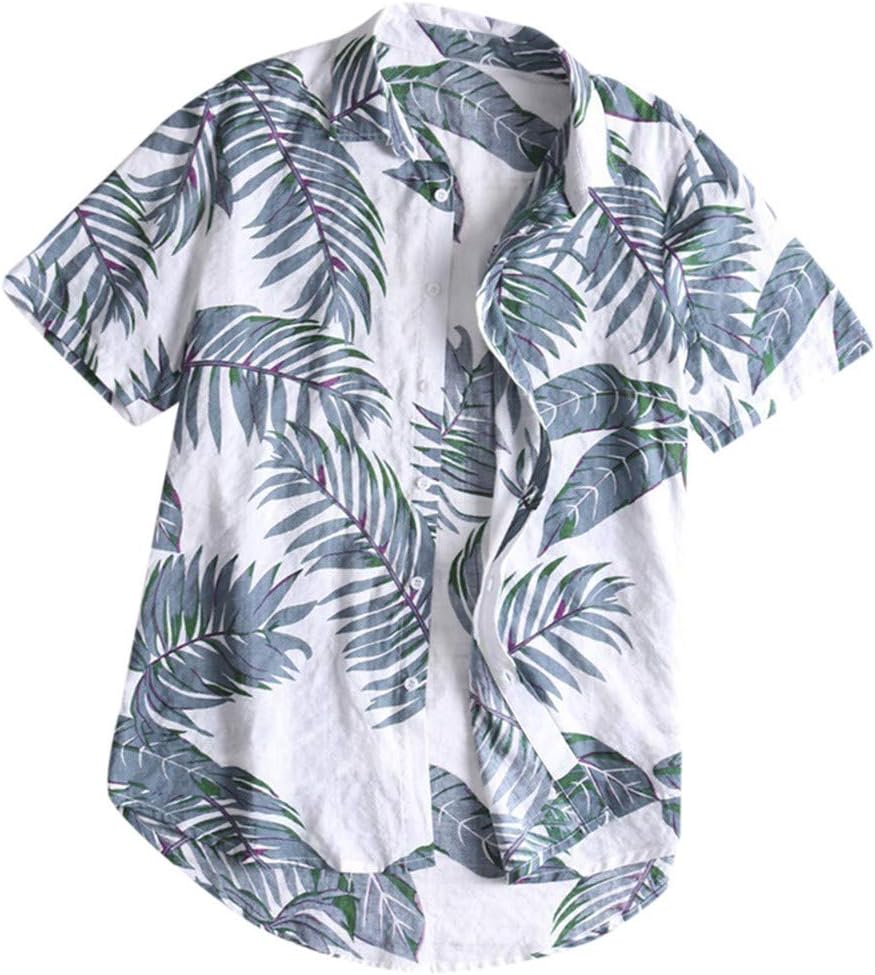 Men's Beach Short Sleeve Shirt Hawaiian Blouse Casual Tee Floral Printed Button Down Tops (Grey, M)