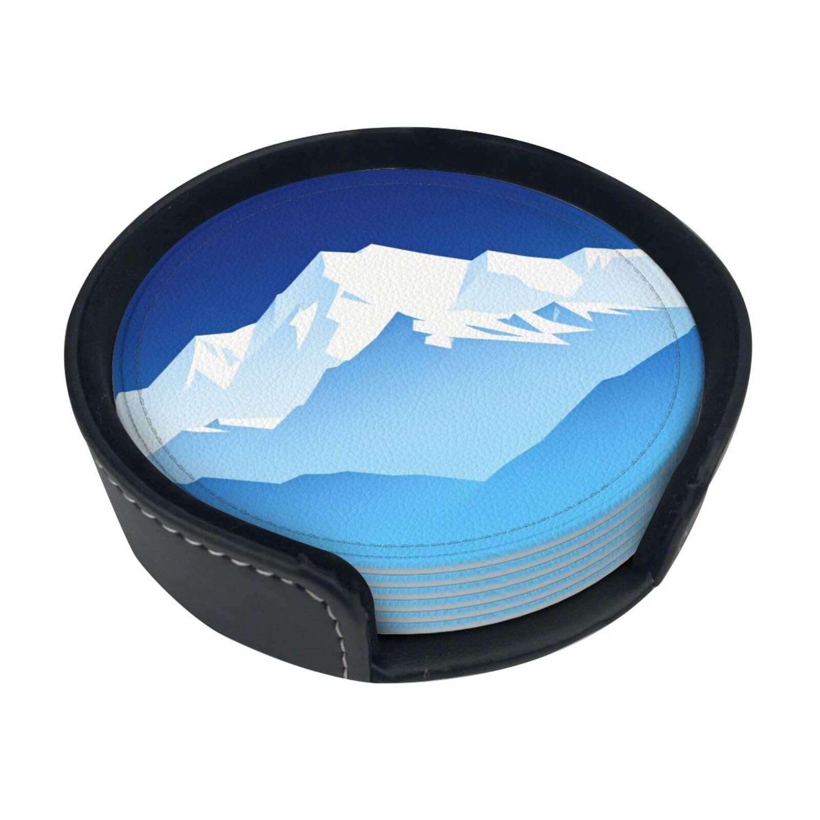 Cntdbu White Mountain Layer Blue Leather Coasters Set Of 6-Pu Leather Drink Mats For Table, Heat Resistant Round Coasters With Holder
