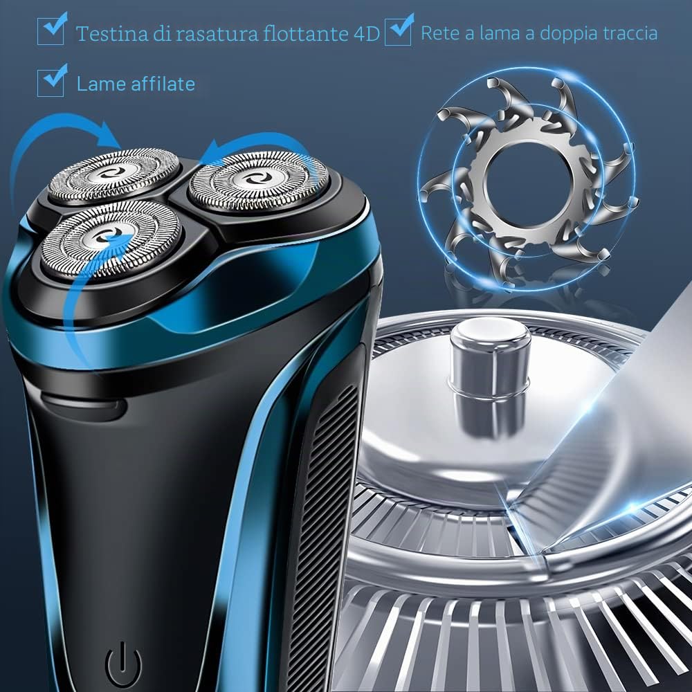 Rasoio Elettrico Wet & Dry a 3 Lame di Ricambio, Rasoio Elettrico Barba Uomo Ricaricabile Rasoio Barba Impermeabile Display LED, Lame Flessibili, Custodia da Viaggio