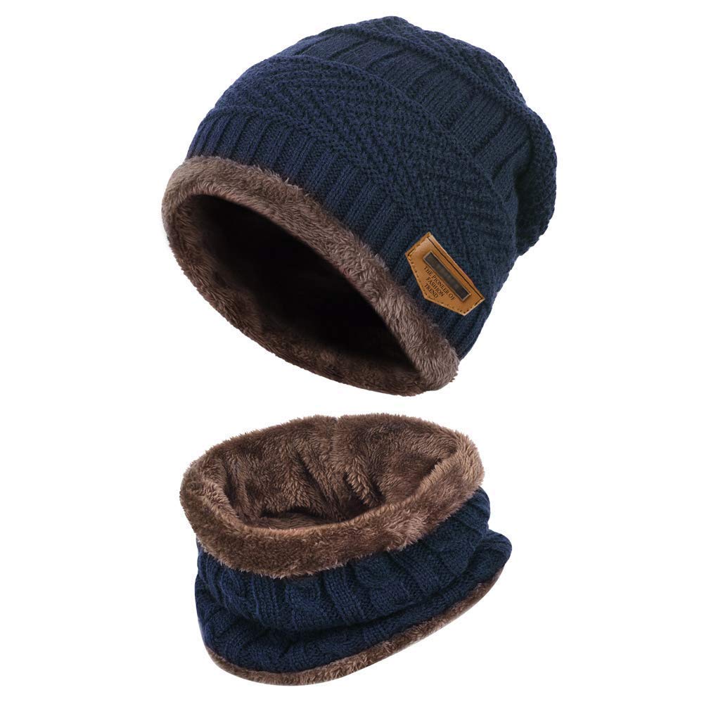 Fashion Sutra Unisex Wool Cap With Neck Scarf And Gloves (3 Pieces) (FST/Frout/Benie/Neckwrmr/Glv/NBLU/B_Navy Blue_Free Size)