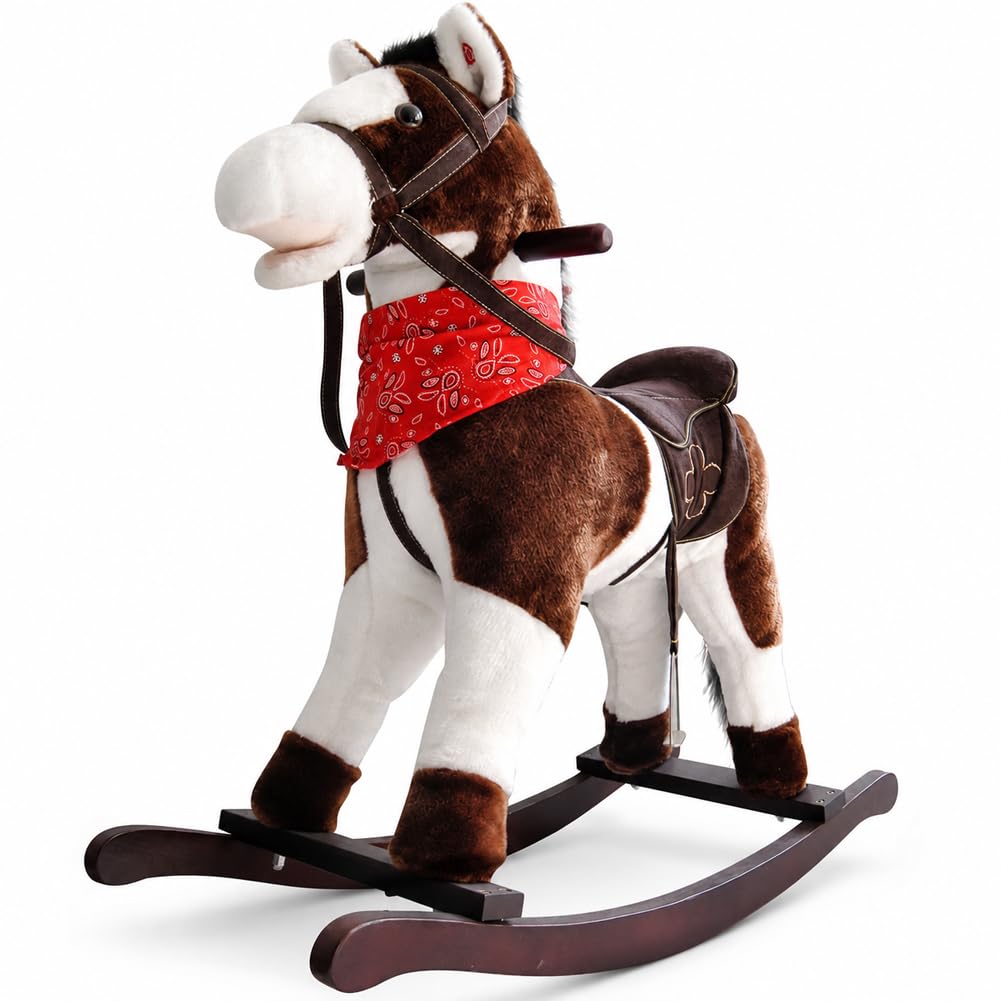BAKAJI Cavallo a Dondolo per Bambini con Suoni Realistici, Animale che Nitrisce e Muover la Bocca, Pony Marrone e Bianco con Struttura in Legno e Rivestimento in Morbido Tessuto, Gioco Idea Regalo