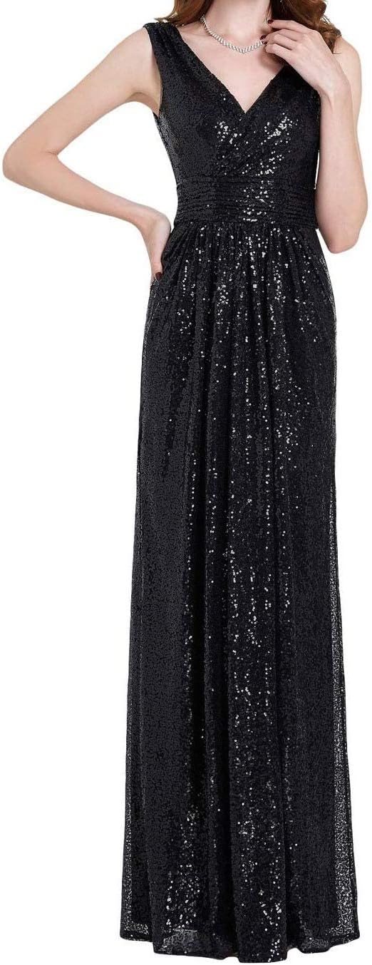 Women's Sequins V-Neck Ball Evening Prom Gown Bridesmaid Dress Bodycon Size US8 KK199-4 Black
