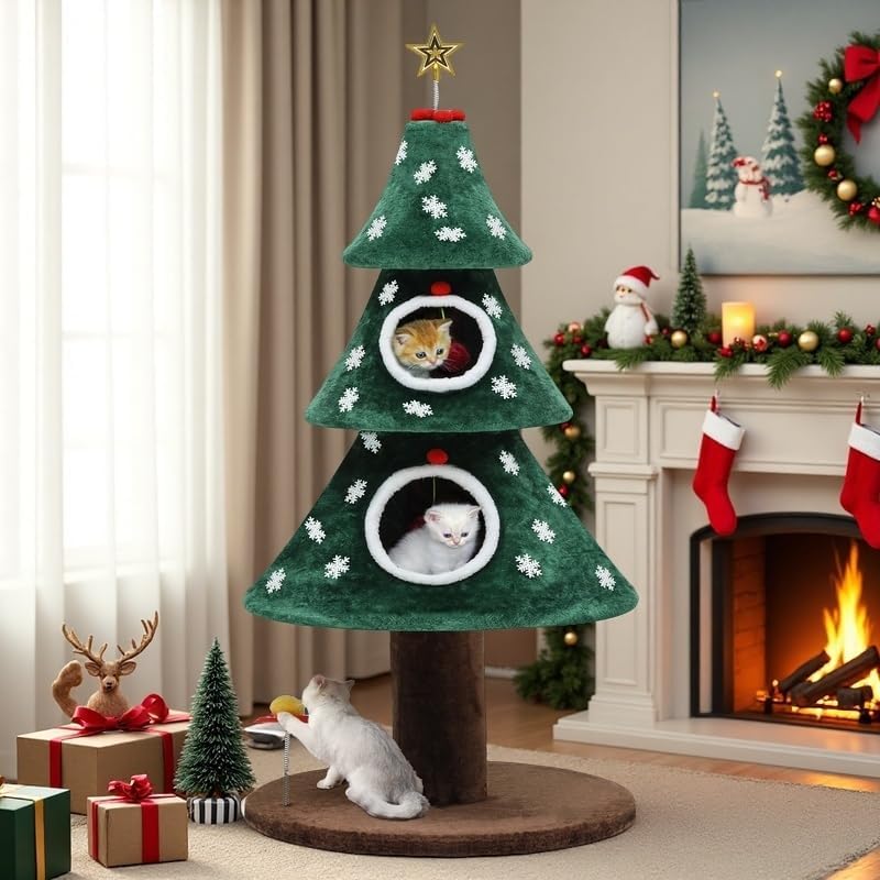 DWVO Christmas Cat Houses for Indoor Cats, Christmas Cat Tree Tower with 2 Cozy Houses, Kitty Furniture with Teaser Plaything for Christmas Decoration