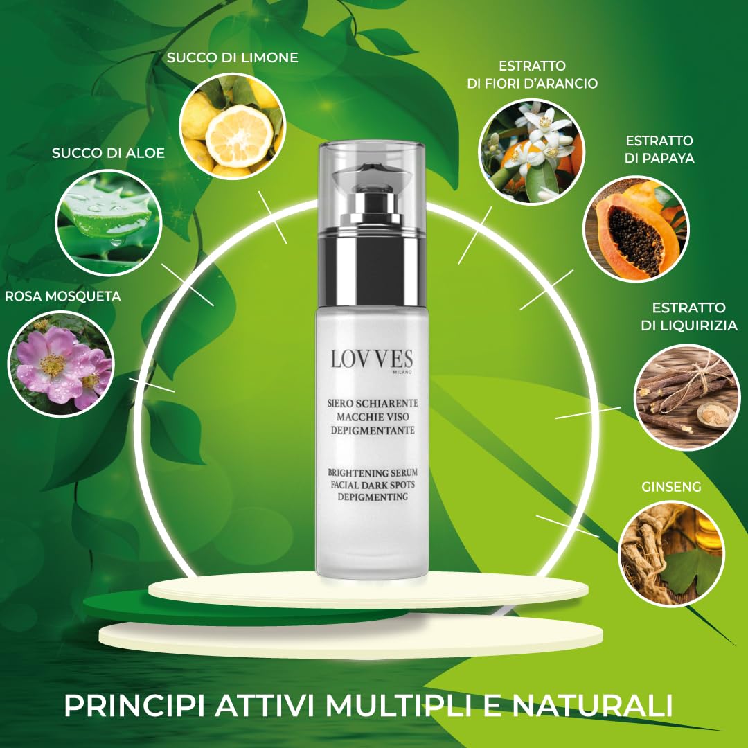 LOVVES Siero Viso Anti macchie, Schiarente, Alta Cosmesi Naturale, Depigmentante, Riduce le Ipercromie della Pelle, Previene la Formazione di macchie scure, Pelle più Uniforme e Luminosa, Flacone 30ml