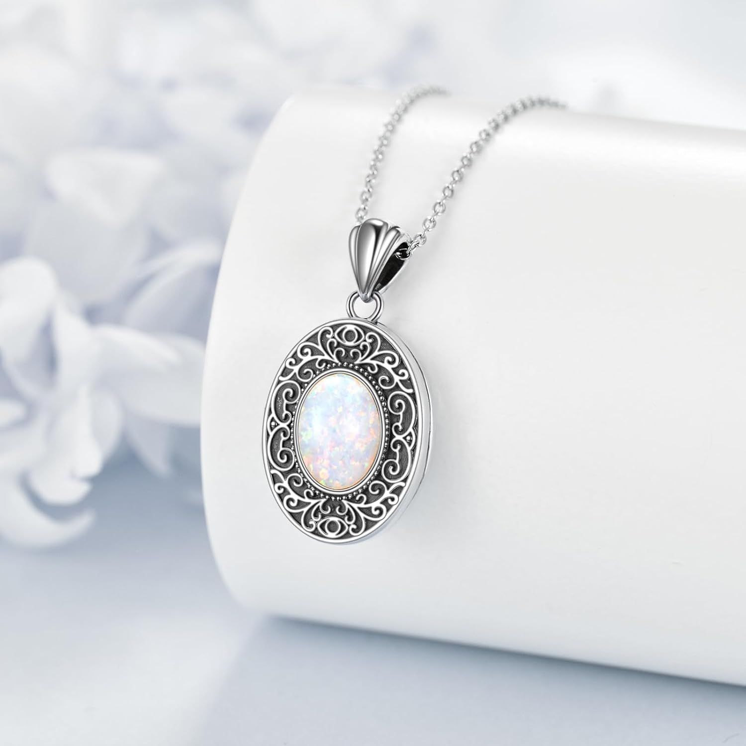 CRMAD Opal/Moonstone/Turquoise Locket Necklace for Women Sterling Silver Oval-Shaped Opal Locket Pendant Holds Pictures Always with You Vintage Style Photos Locket Jewelry Gifts for Loved One - Image 6