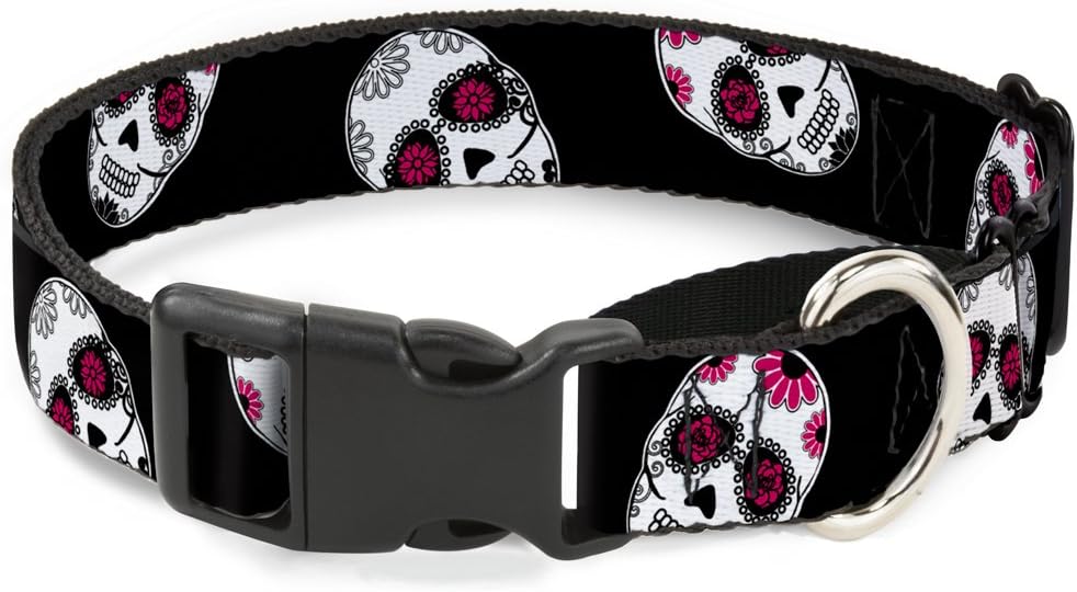 Buckle-Down MGC-W34569-WL Staggered Sugar Skulls Black/White/Pink Martingale Dog Collar, Large