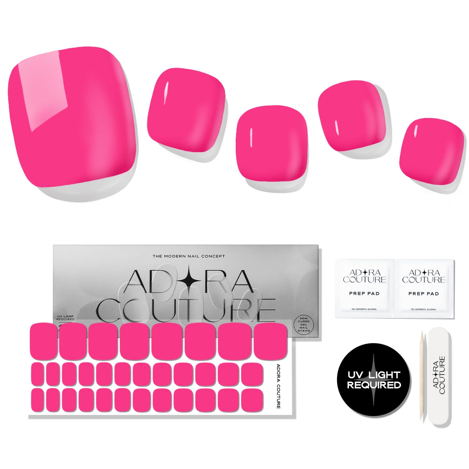 Semi Cured Gel Nail Strips Pedicure Stickers, 32 Pieces, Glossy Gel Nail Stickers for Toes, Salon Quality Nails at Home, UV Light Required, Pop Pink P