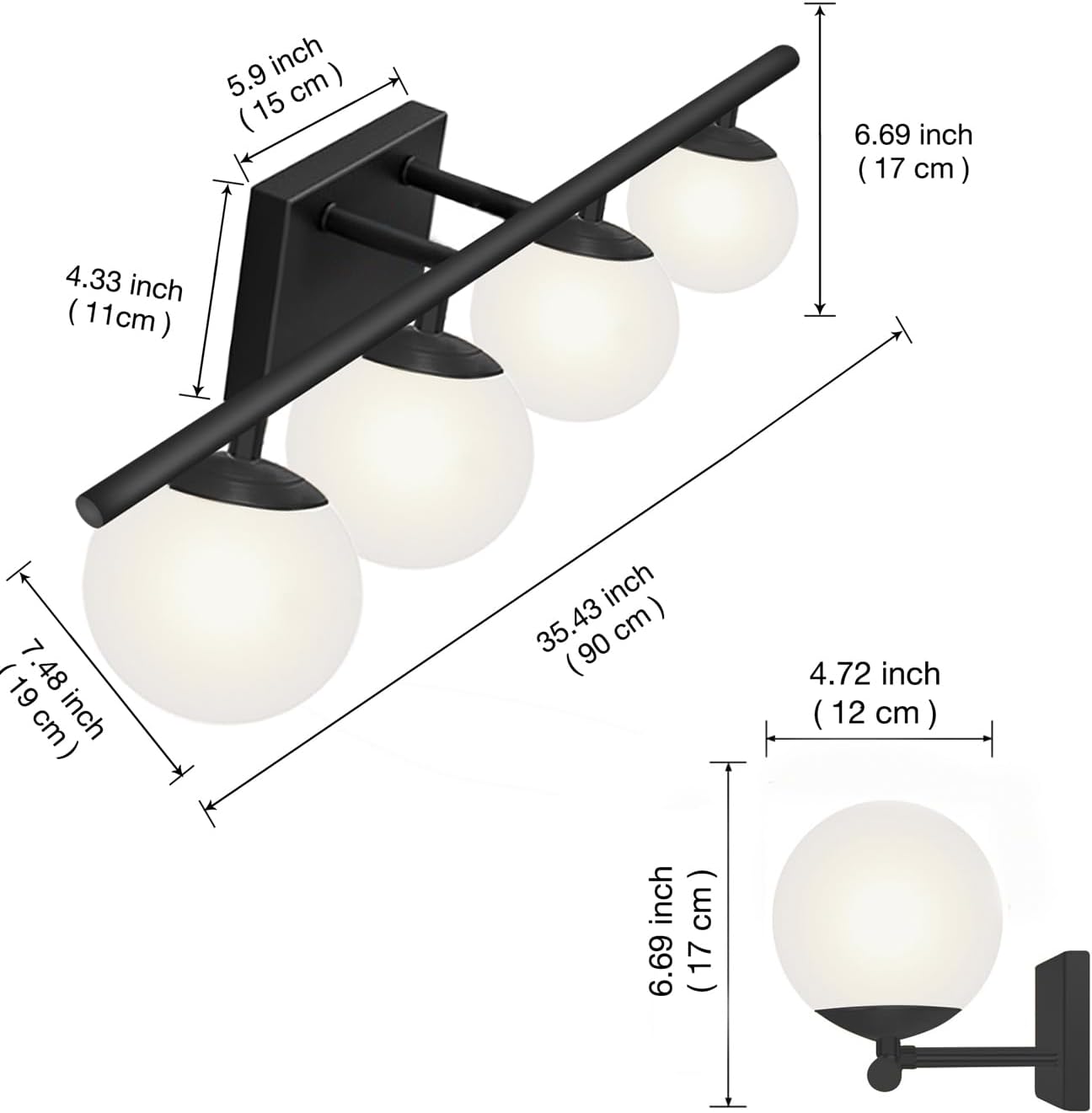New Bathroom Vanity Light Fixtures Matte Black Milk White Globe Glass Shade 4 Lights Modern Wall Bar Sconce Over Mirror(4 lights-35.43inch)